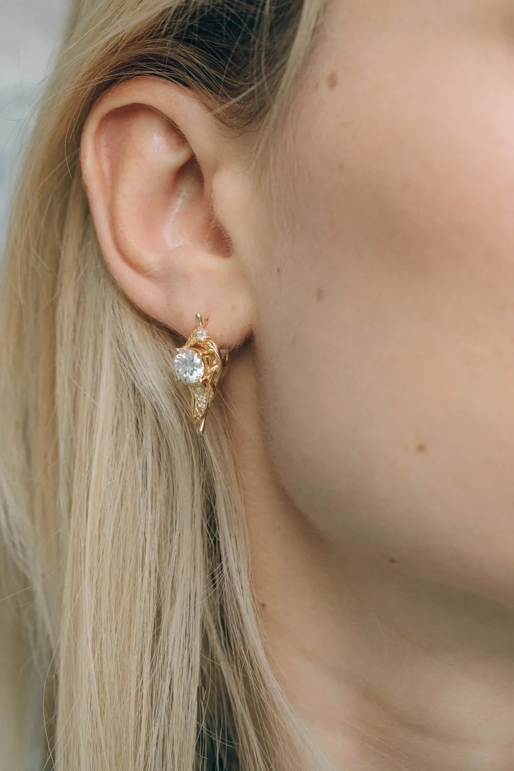 1 carat moissanite earrings, gold dainty leaf earrings with moissanites / Undina earrings