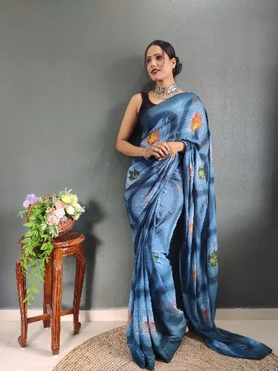 1 Min Blue Nylon Printed Stitched Readymade Saree