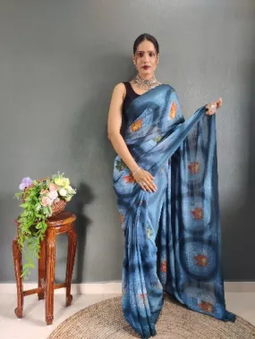 1 Min Blue Nylon Printed Stitched Readymade Saree