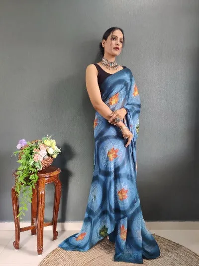 1 Min Blue Nylon Printed Stitched Readymade Saree