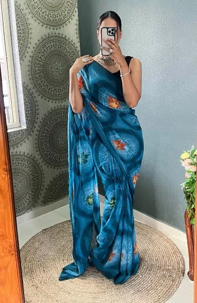 1 Min Blue Nylon Printed Stitched Readymade Saree