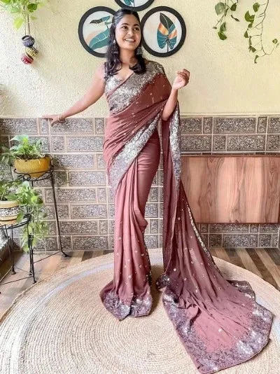 1 Min Brown Embellished Georgette Stitched Readymade Saree