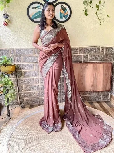 1 Min Brown Embellished Georgette Stitched Readymade Saree