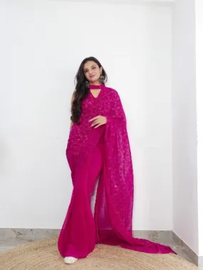 1 Min Dark Pink Georgette Bandhani Print Stitched Readymade Saree