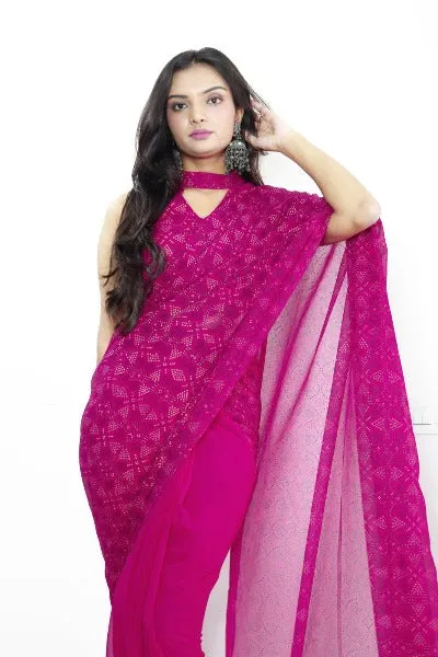 1 Min Dark Pink Georgette Bandhani Print Stitched Readymade Saree