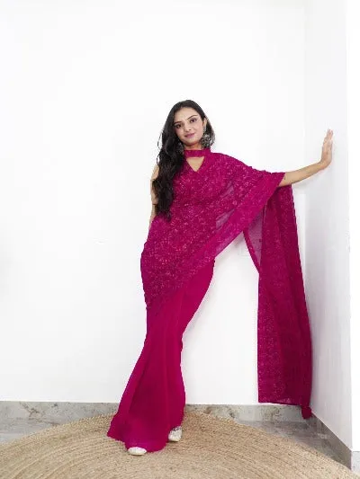 1 Min Dark Pink Georgette Bandhani Print Stitched Readymade Saree