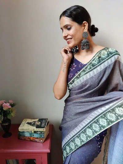 1 Min Grey Linen Silk Pocket Style Stitched Readymade Saree