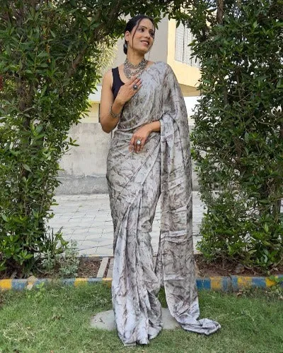 1 Min Grey Moss Chiffon Prism Print Stitched Readymade Saree