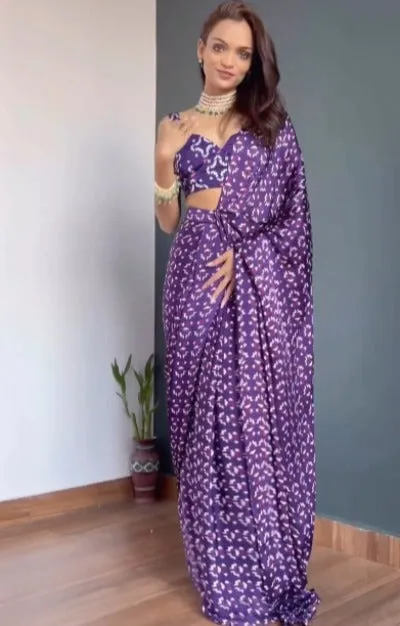 1 Min Indigo Premium Crepe Silk Digital Print Stitched Readymade Saree