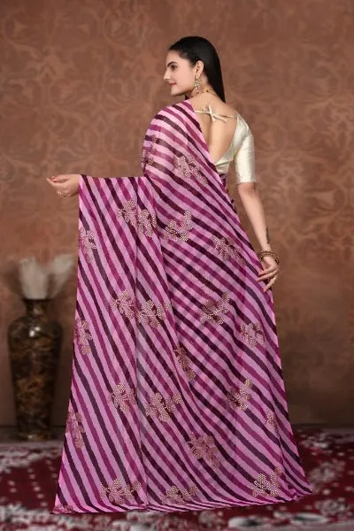 1 Min Purple Georgette Leheriya Print Stitched Readymade Saree