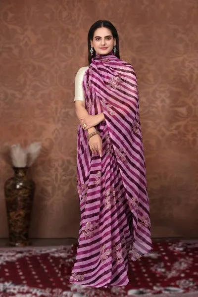 1 Min Purple Georgette Leheriya Print Stitched Readymade Saree