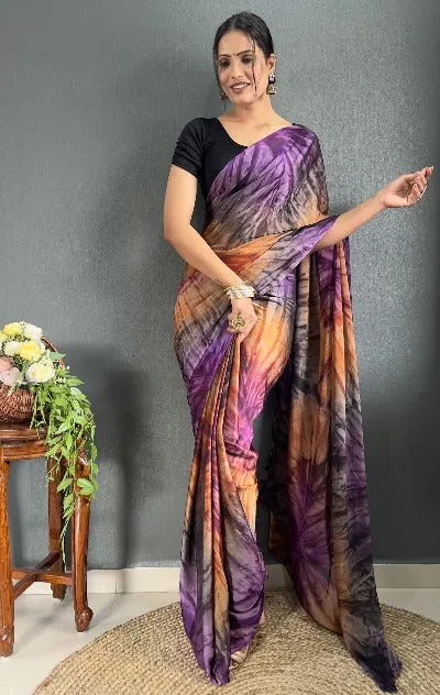 1 Min Purple Tone Rangoli Silk Prism Print Stitched Readymade Saree