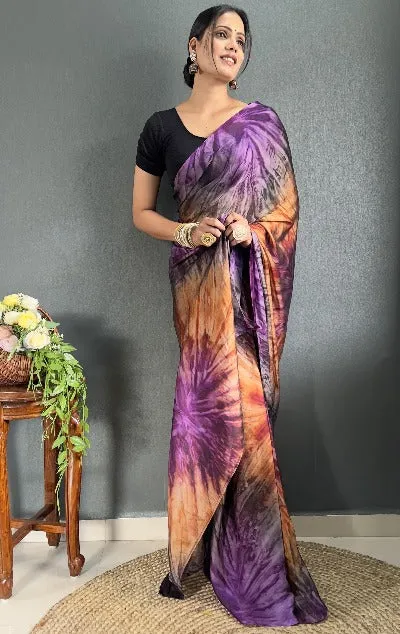 1 Min Purple Tone Rangoli Silk Prism Print Stitched Readymade Saree