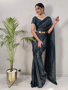 1 Min Ready to Wear Blue Sequin Stitched Saree