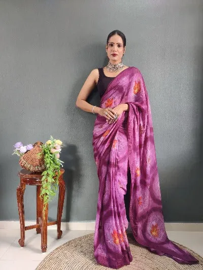 1 Min Wine Nylon Printed Stitched Readymade Saree