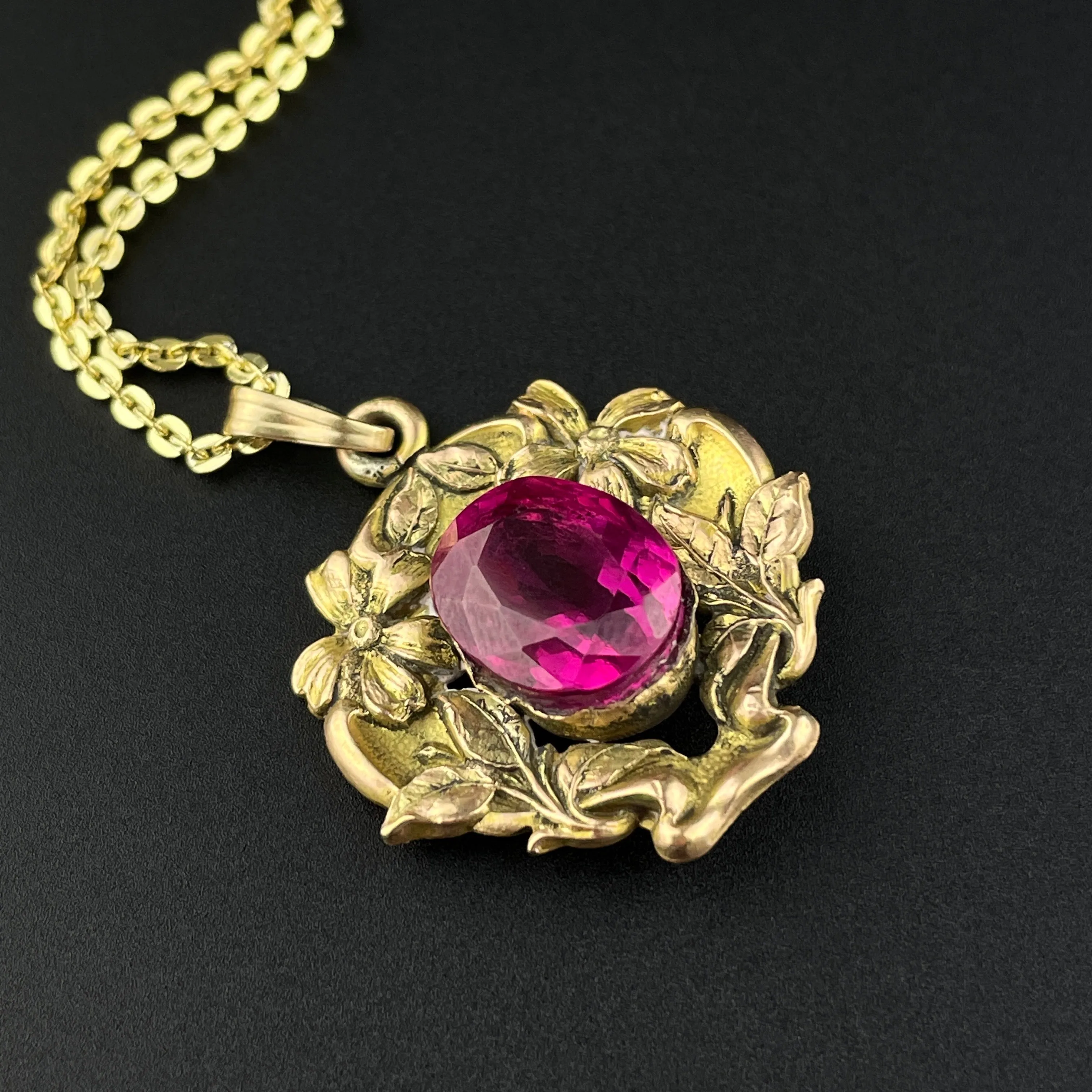 14K Gold Art Nouveau Forget Me Not Ruby Pendant Necklace