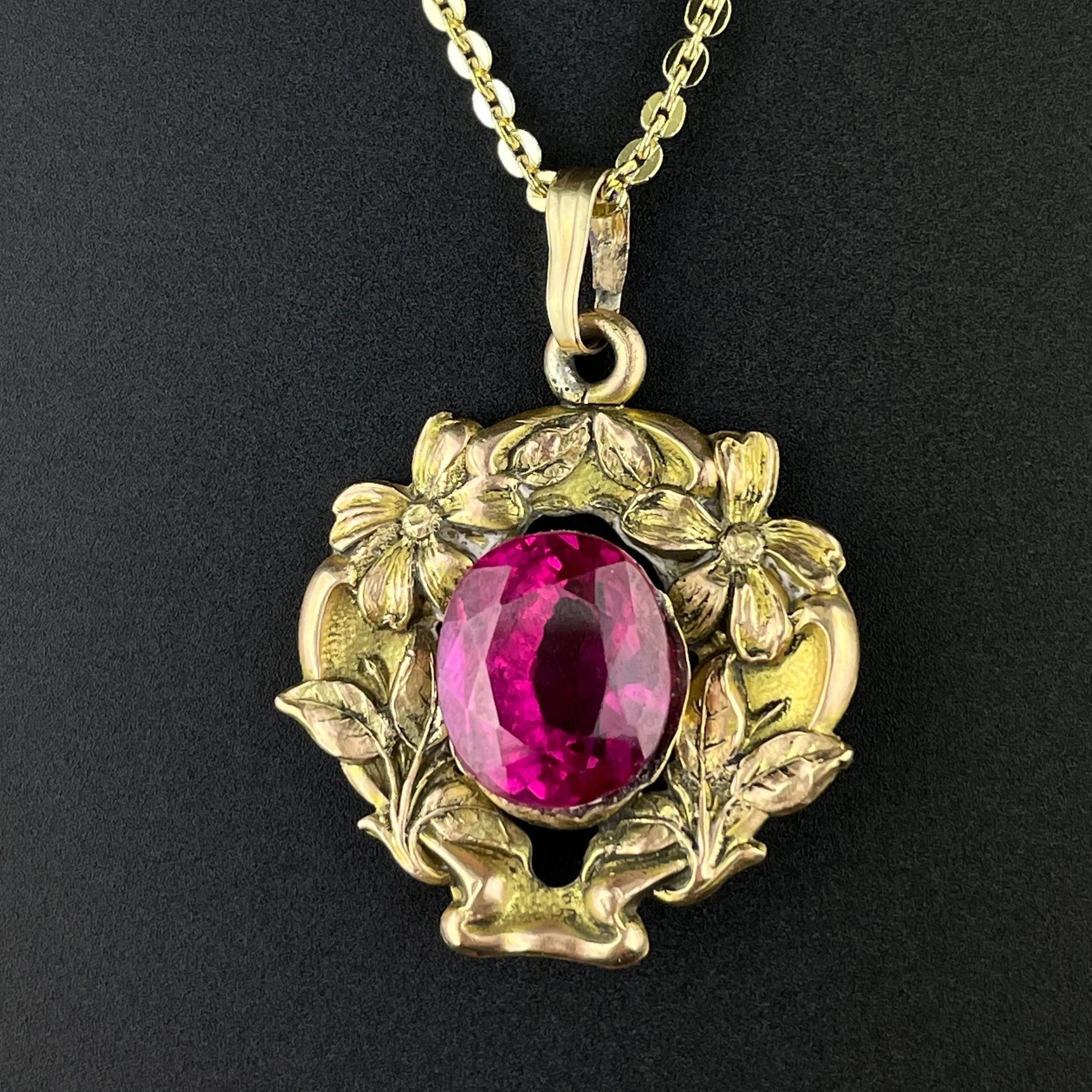 14K Gold Art Nouveau Forget Me Not Ruby Pendant Necklace