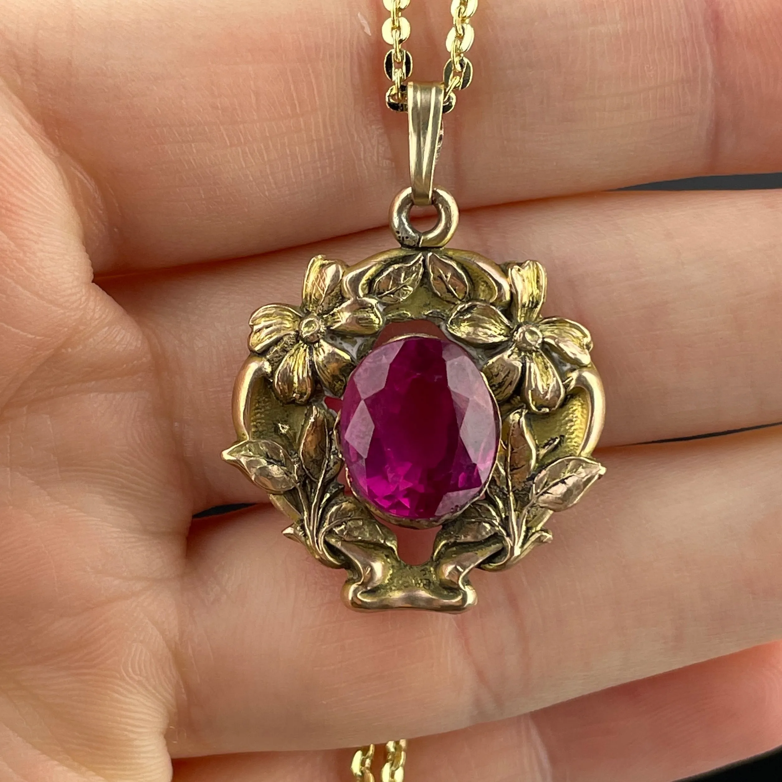 14K Gold Art Nouveau Forget Me Not Ruby Pendant Necklace