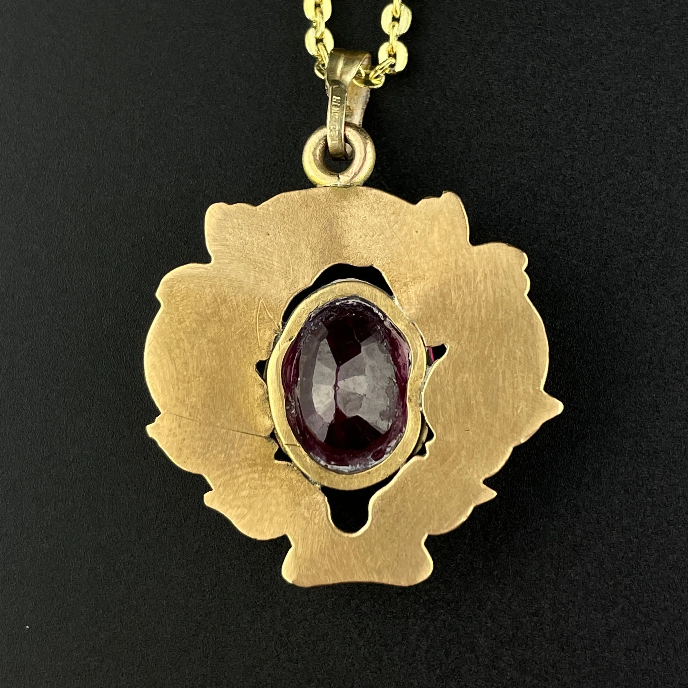 14K Gold Art Nouveau Forget Me Not Ruby Pendant Necklace