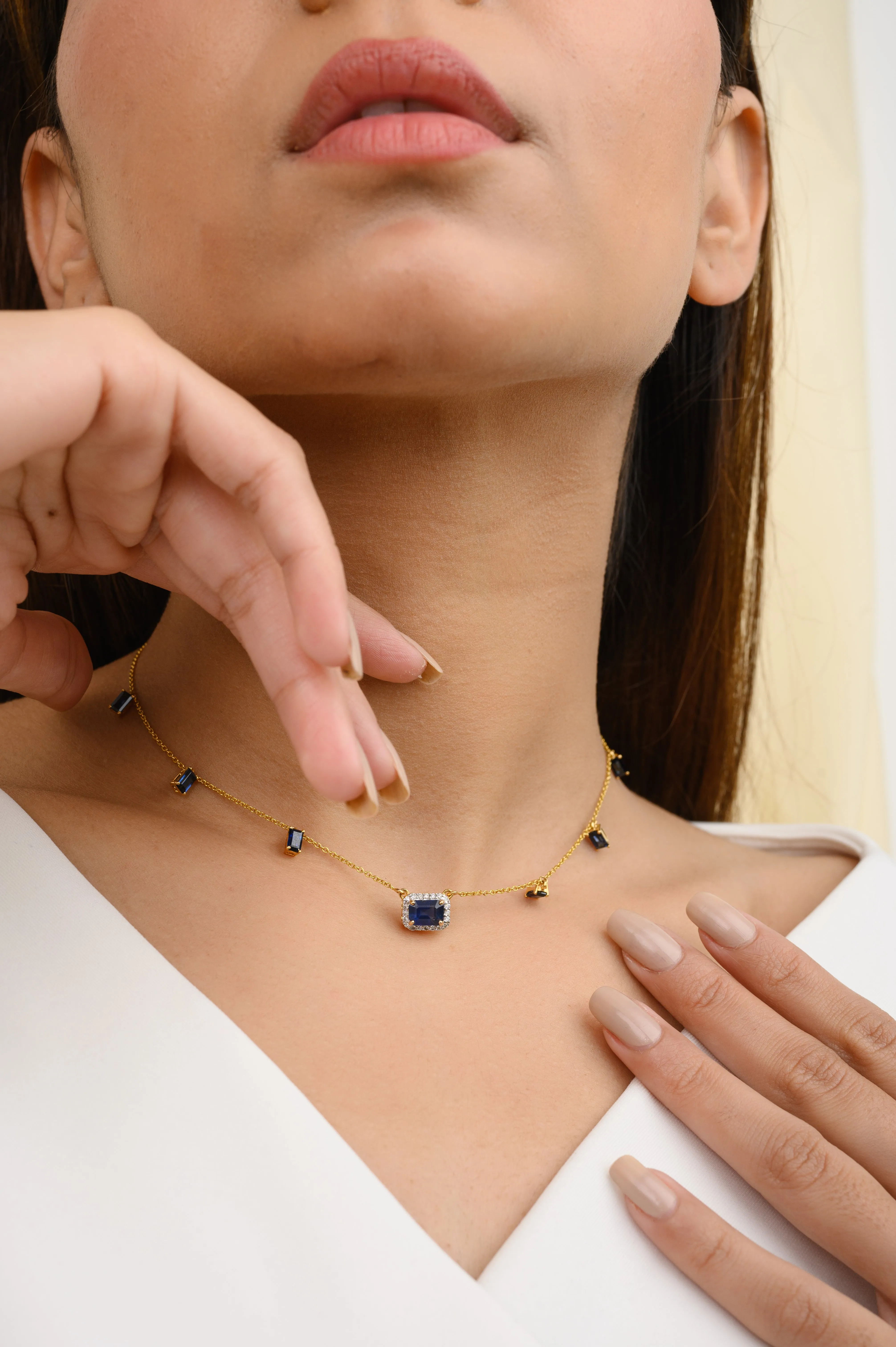 14K Gold Blue Sapphire Diamond Station Necklace