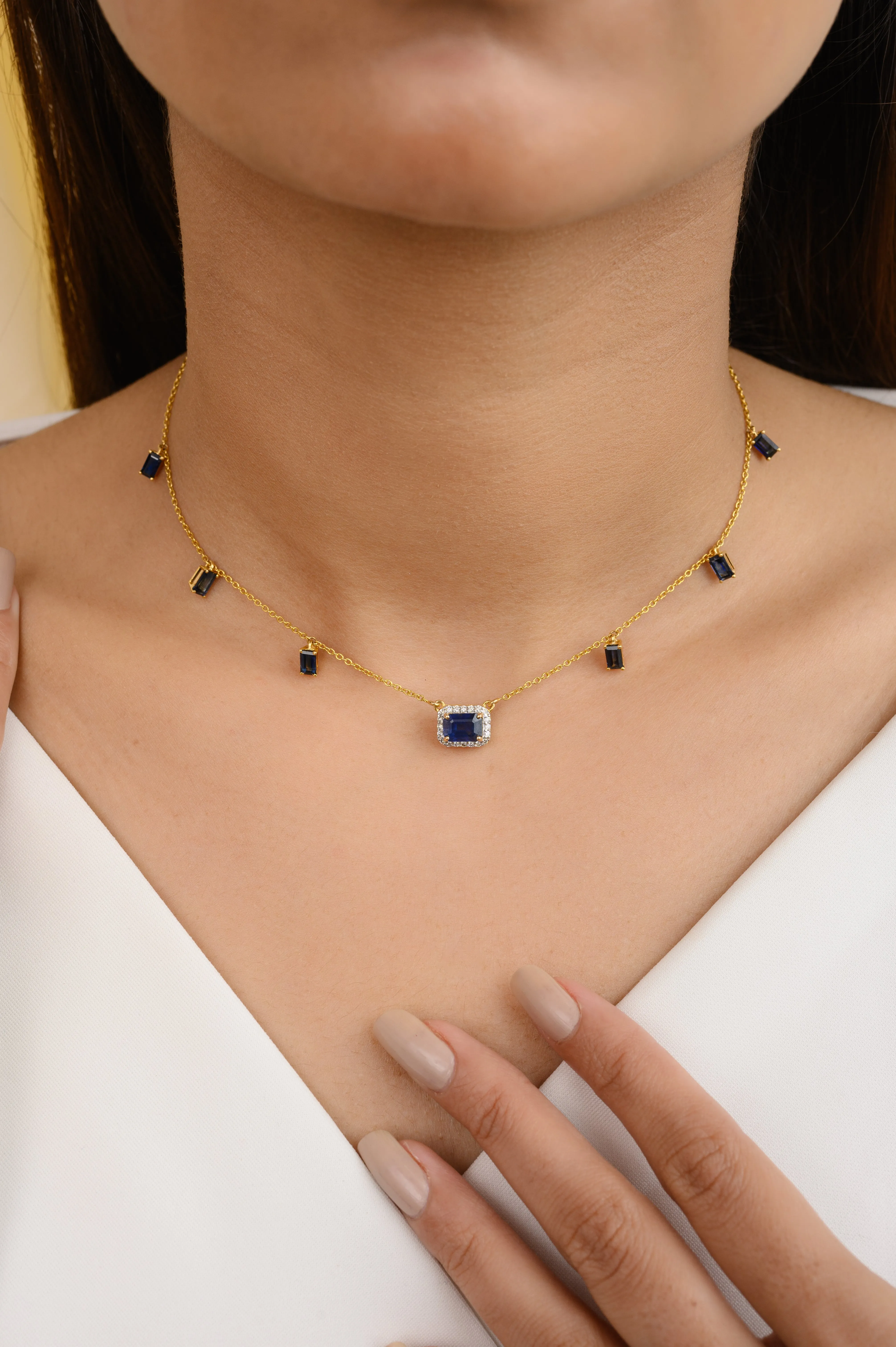 14K Gold Blue Sapphire Diamond Station Necklace