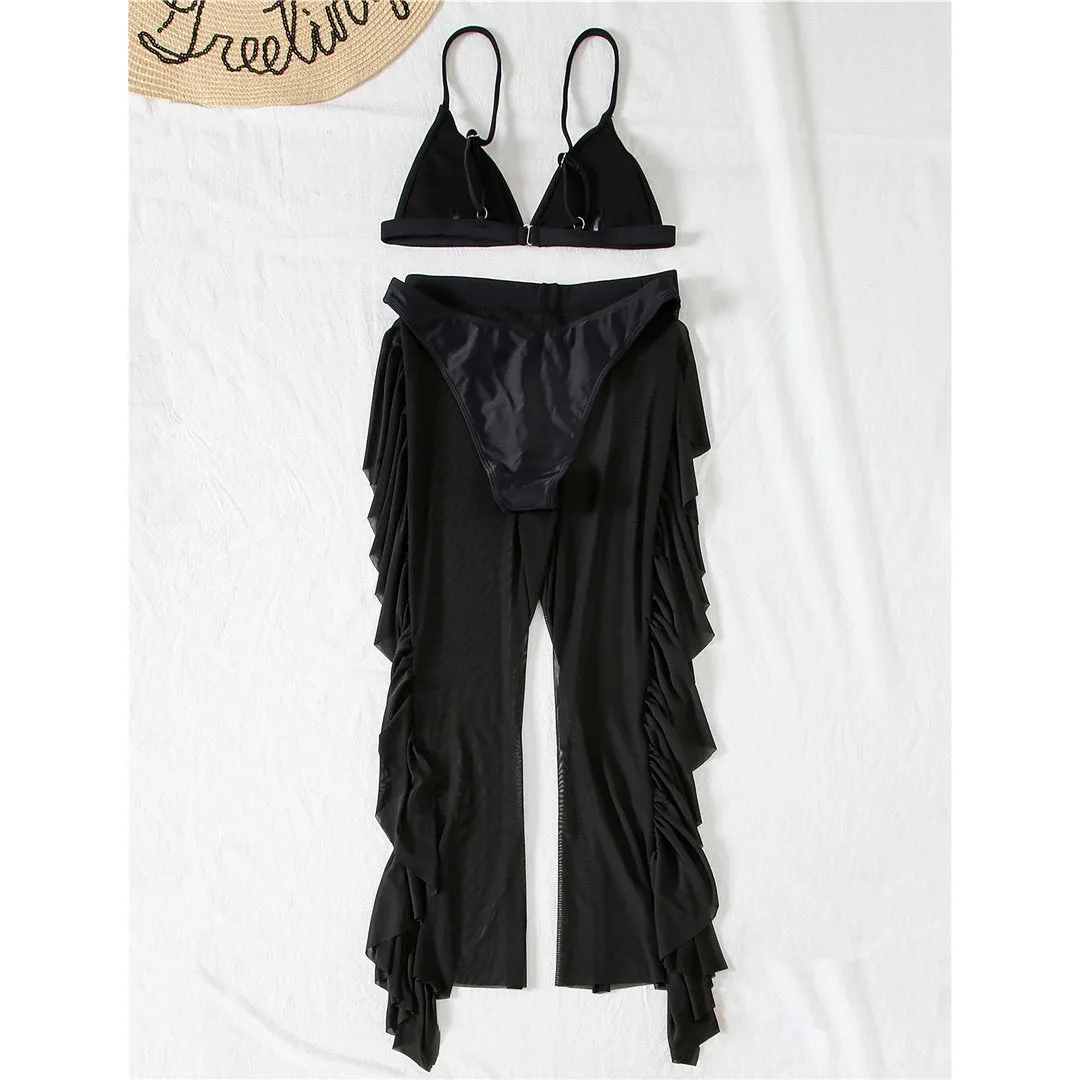 3 Piece Bikini Set with Transparent Mesh Ruffled Beach Cover Up Pants