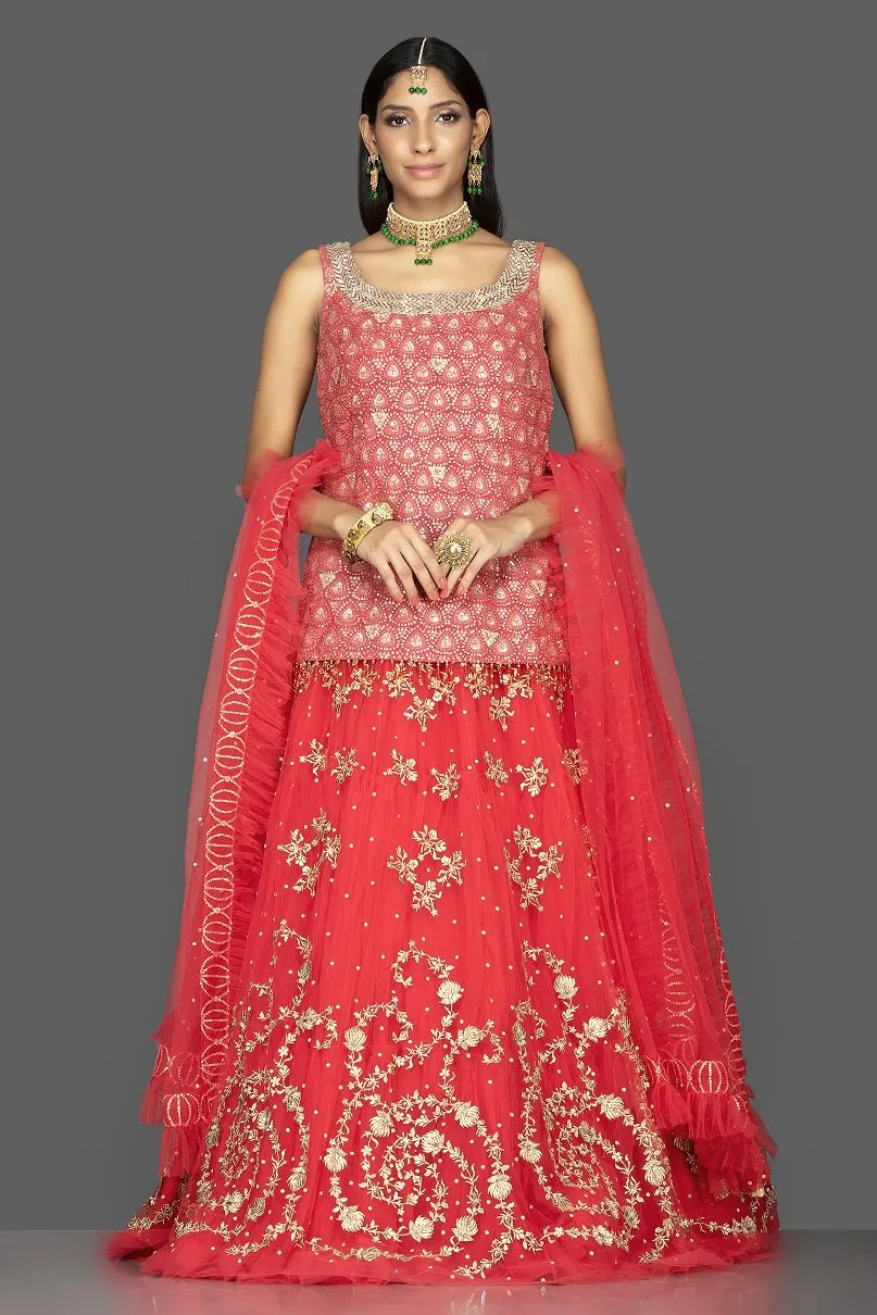 300461 Red Net Embroidered Lehenga with Zari Lucknowi Blouse