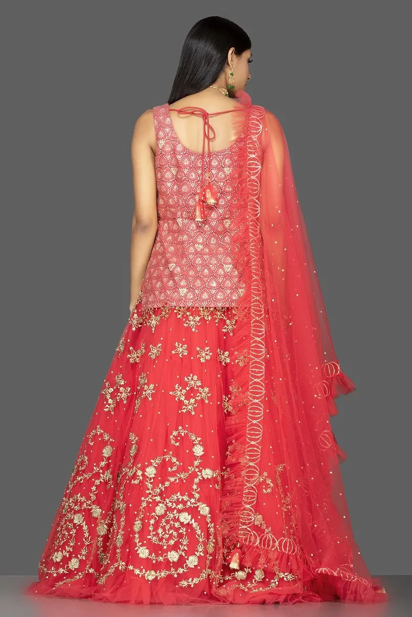 300461 Red Net Embroidered Lehenga with Zari Lucknowi Blouse