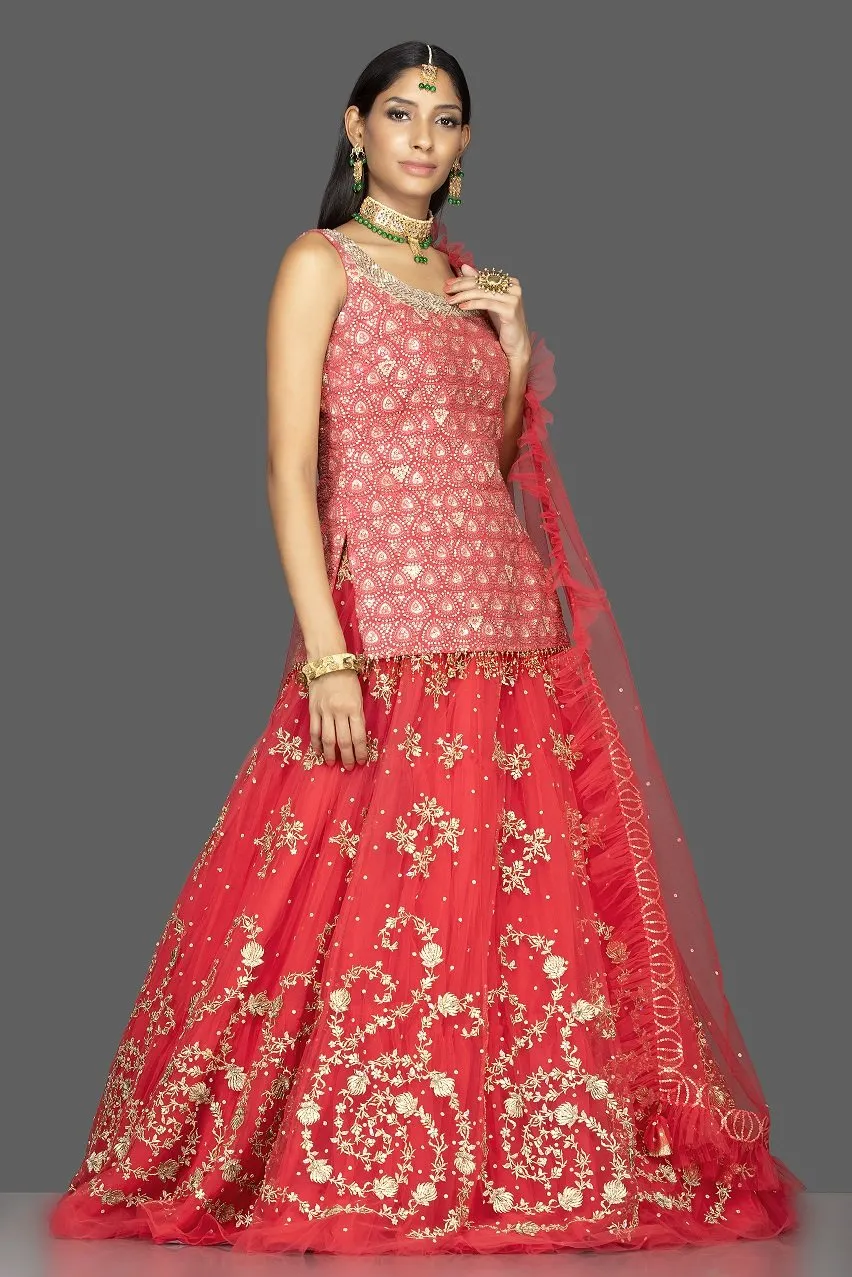 300461 Red Net Embroidered Lehenga with Zari Lucknowi Blouse