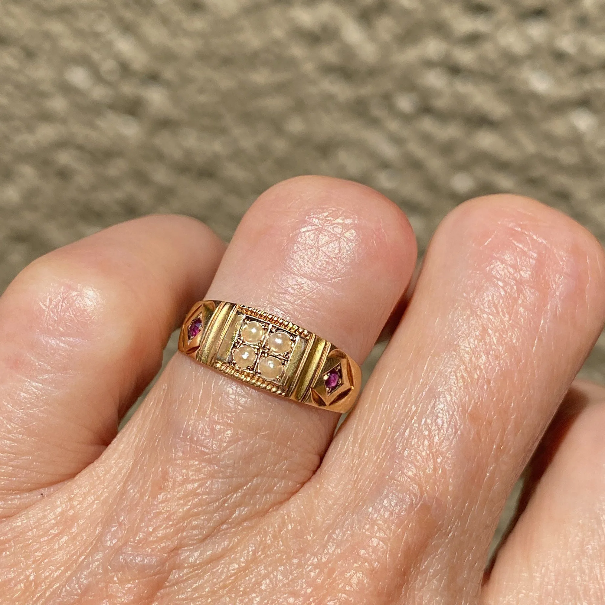 4th Payment Antique 15K Gold Ruby Pearl Gypsy Band Ring, C 1880s