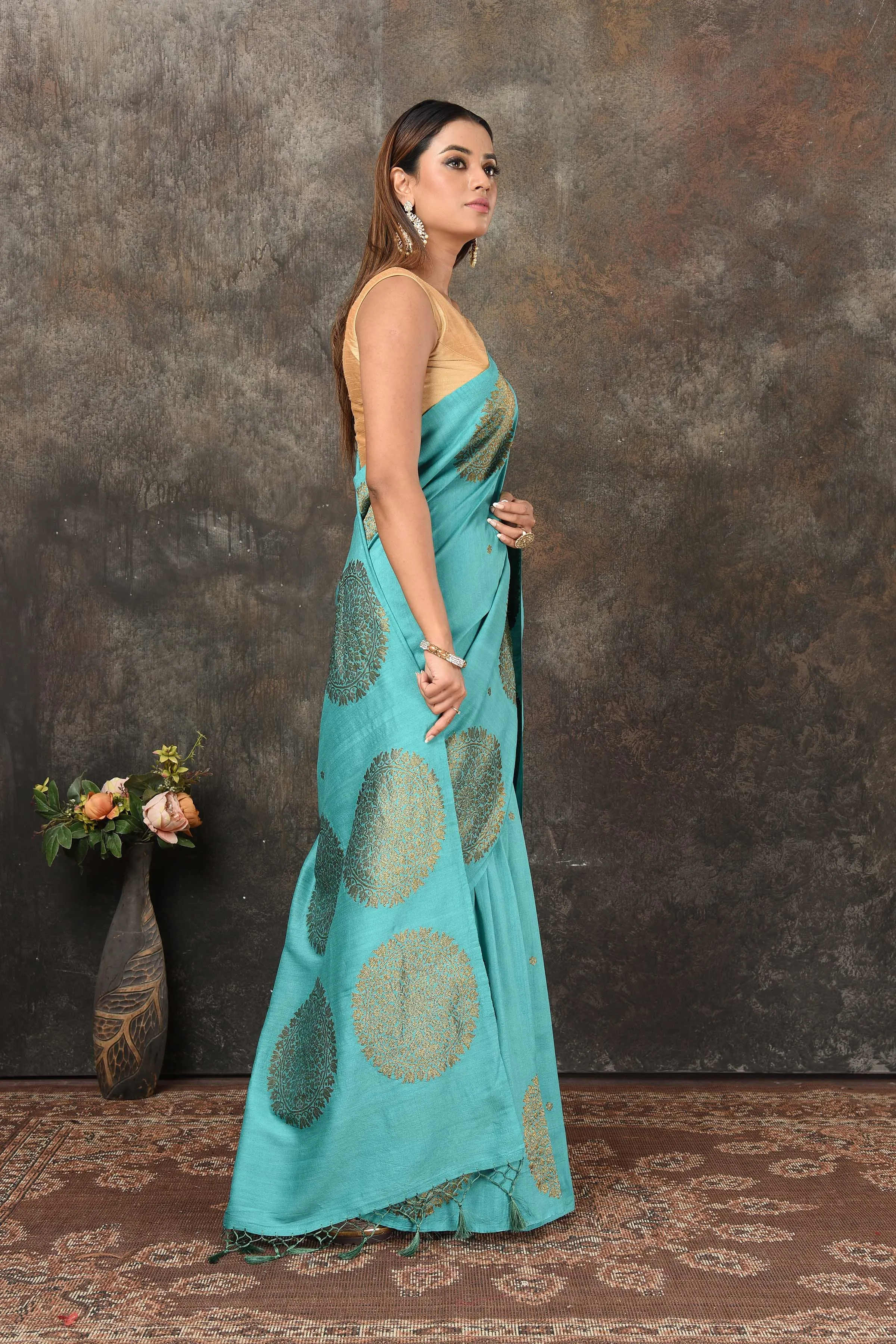 90N481-RO Sea Green Benarasi Saree with Antique Zari Motifs