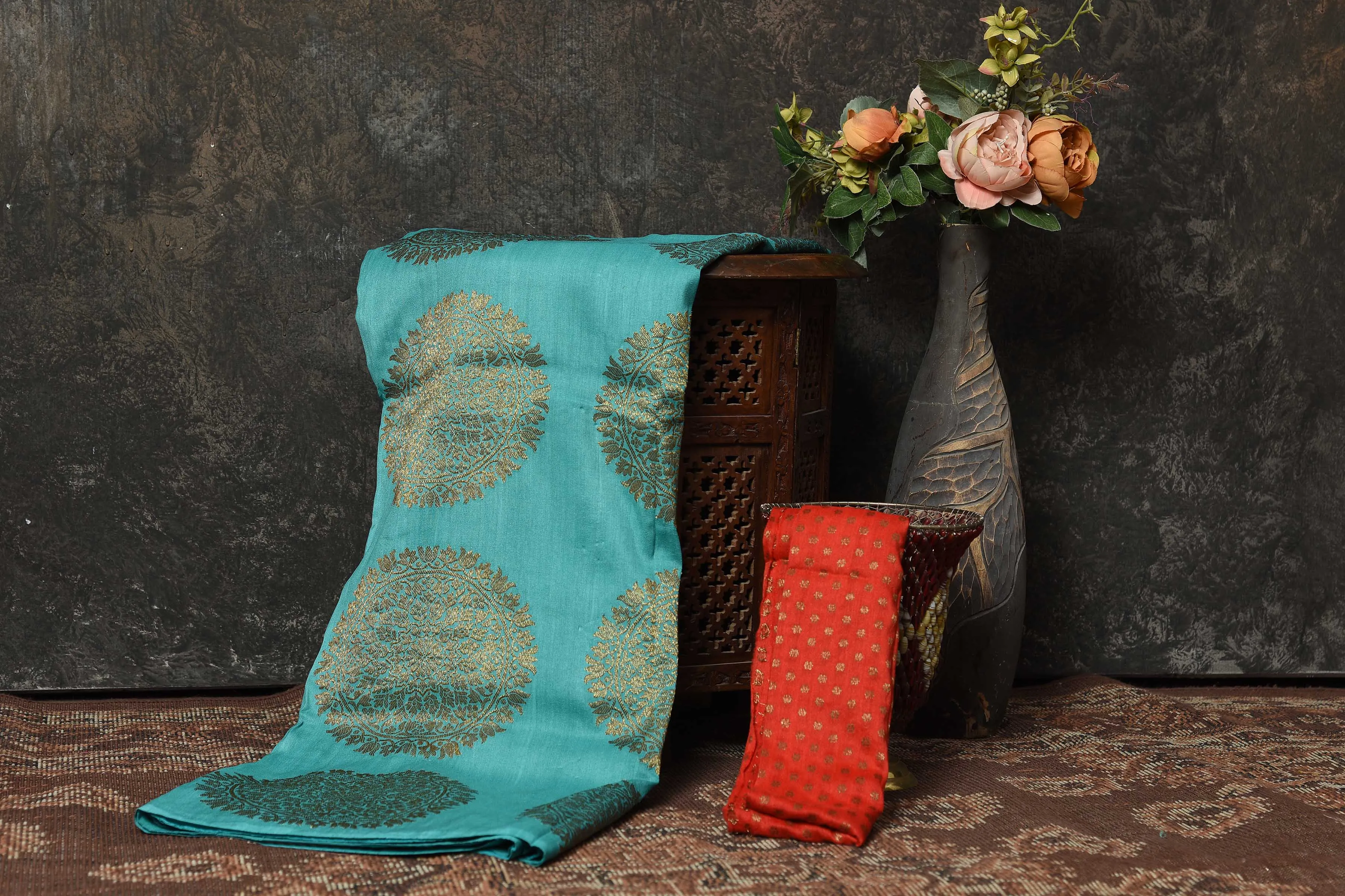 90N481-RO Sea Green Benarasi Saree with Antique Zari Motifs