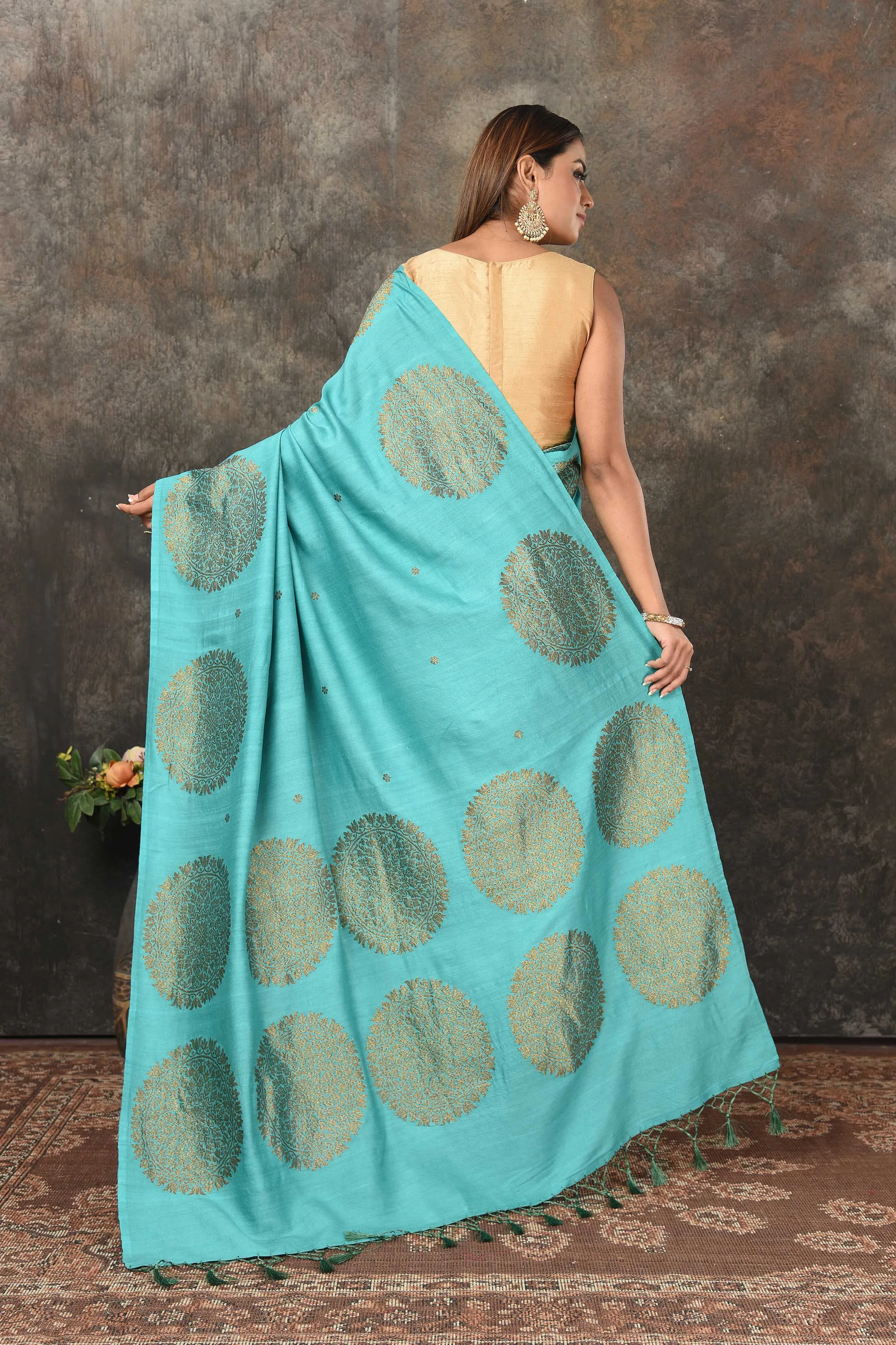 90N481-RO Sea Green Benarasi Saree with Antique Zari Motifs