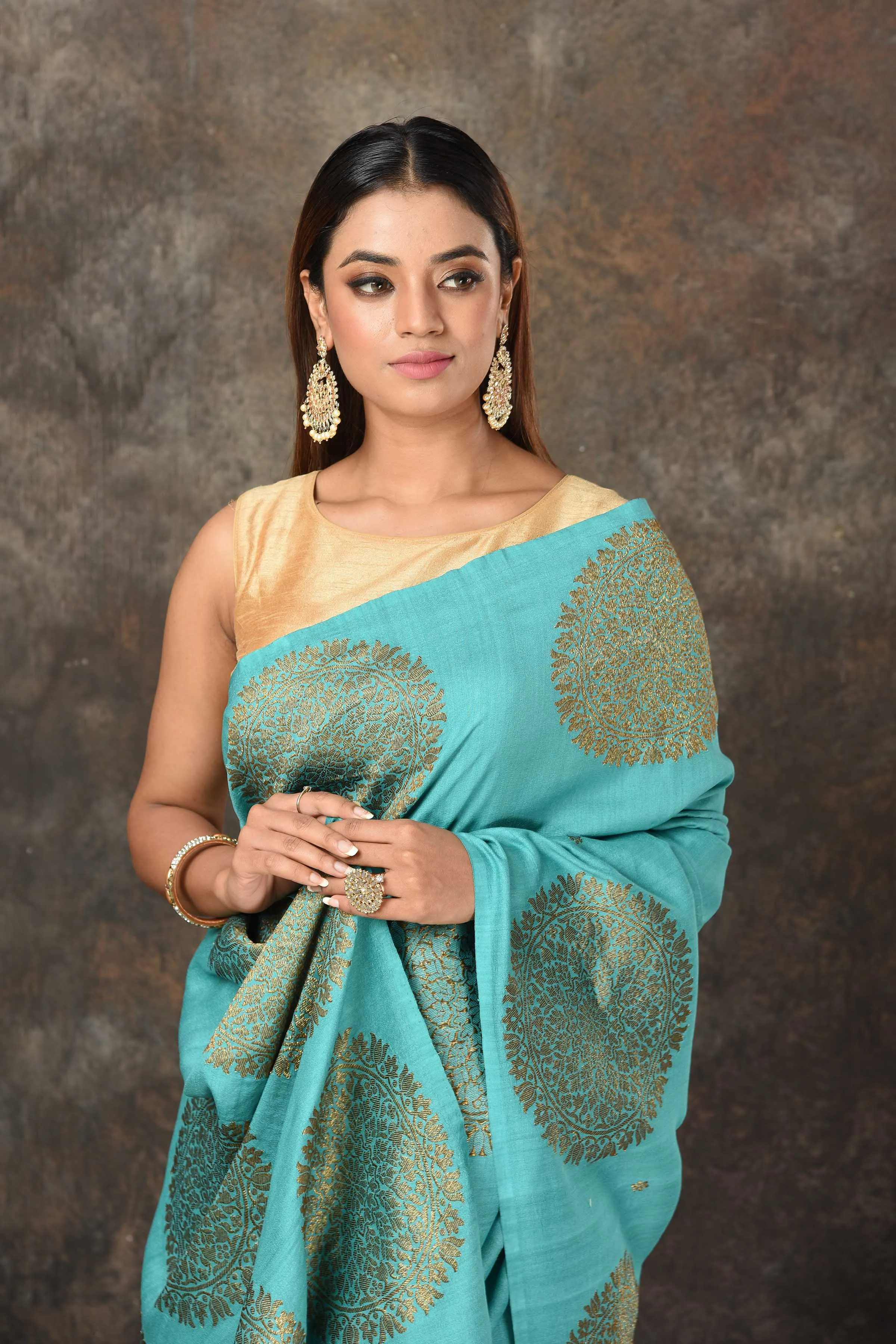 90N481-RO Sea Green Benarasi Saree with Antique Zari Motifs