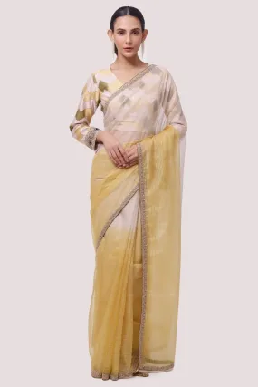 90Z821-RO Yellow - Off-white Dual Toned Organza Saree