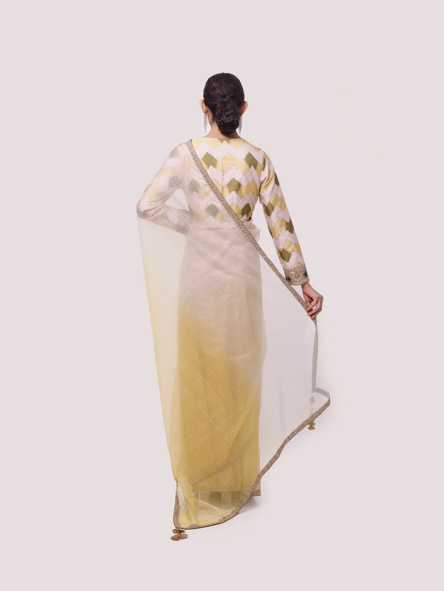 90Z821-RO Yellow - Off-white Dual Toned Organza Saree