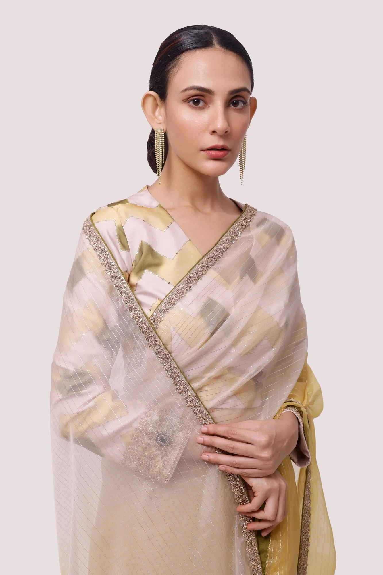 90Z821-RO Yellow - Off-white Dual Toned Organza Saree