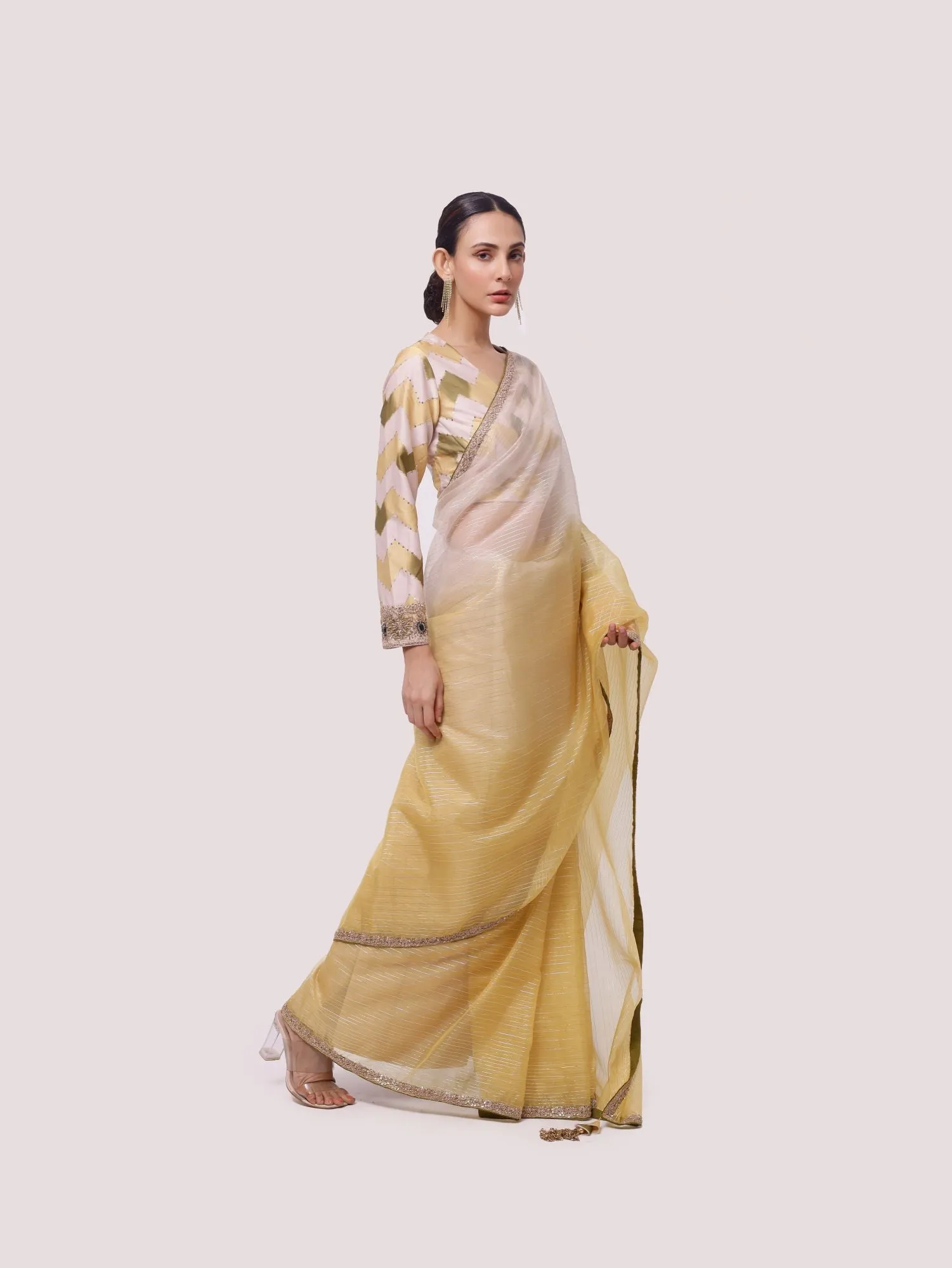 90Z821-RO Yellow - Off-white Dual Toned Organza Saree