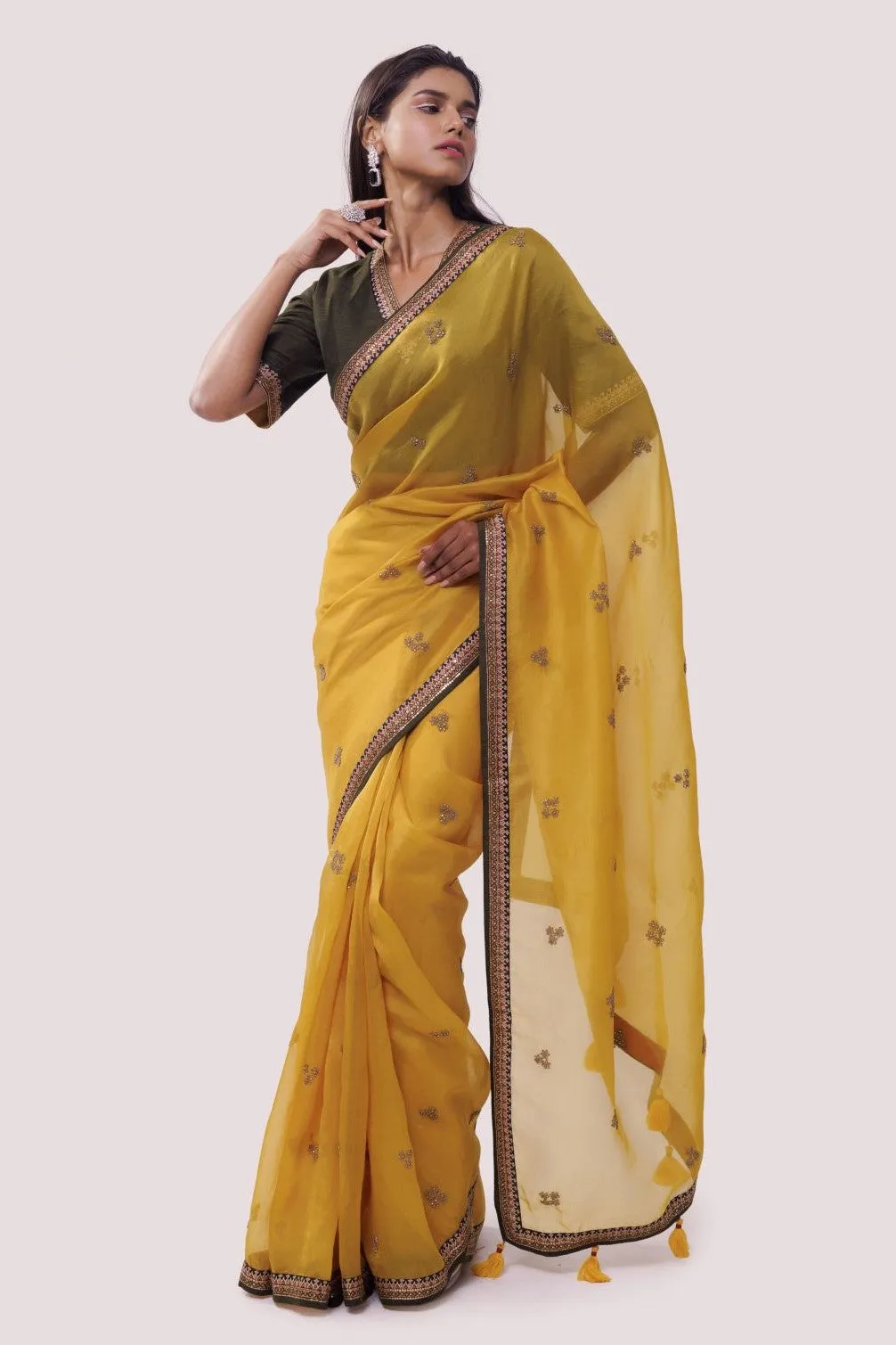 90Z822-RO Yellow Organza Saree With Sleeves Blouse