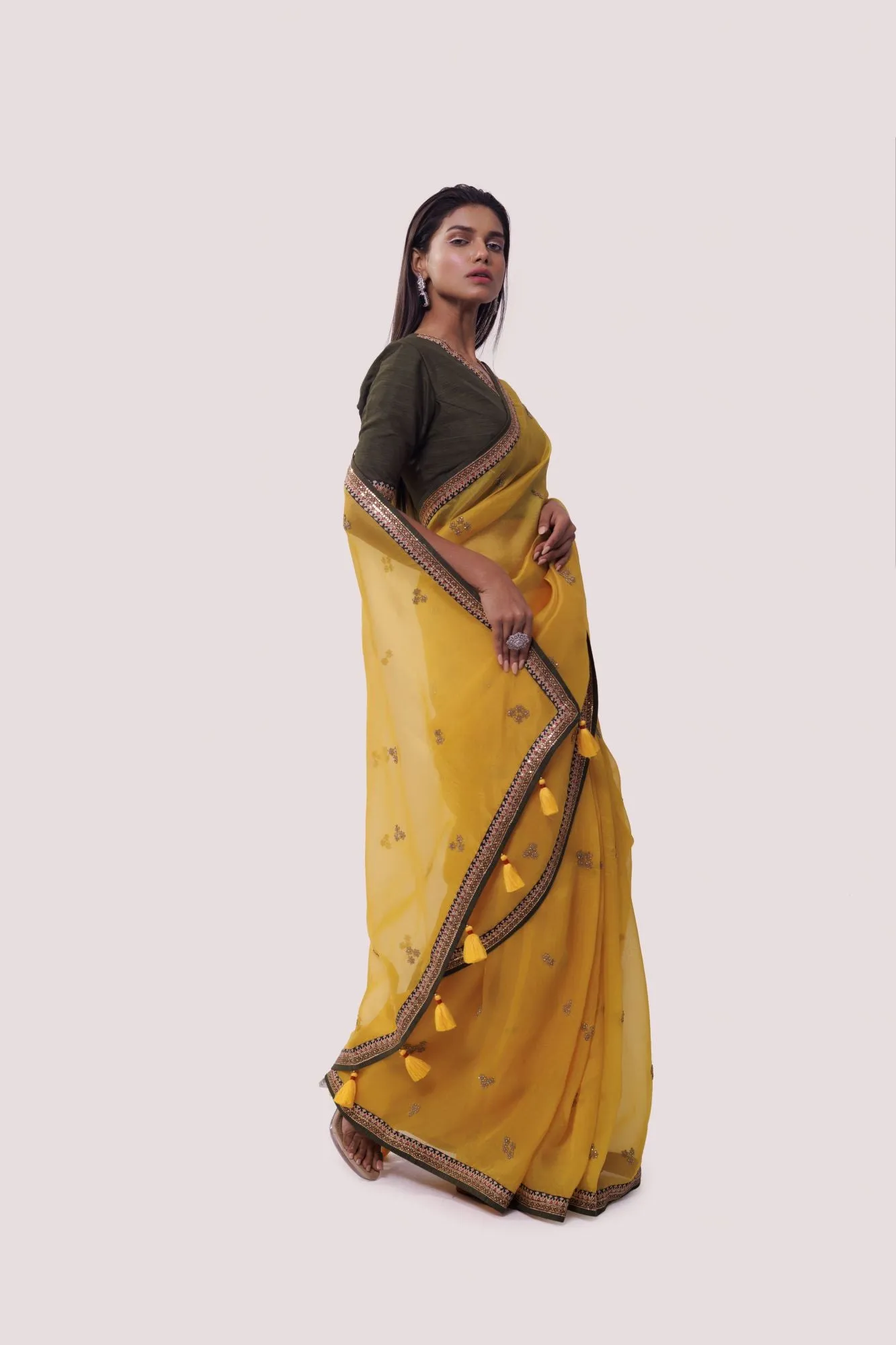 90Z822-RO Yellow Organza Saree With Sleeves Blouse