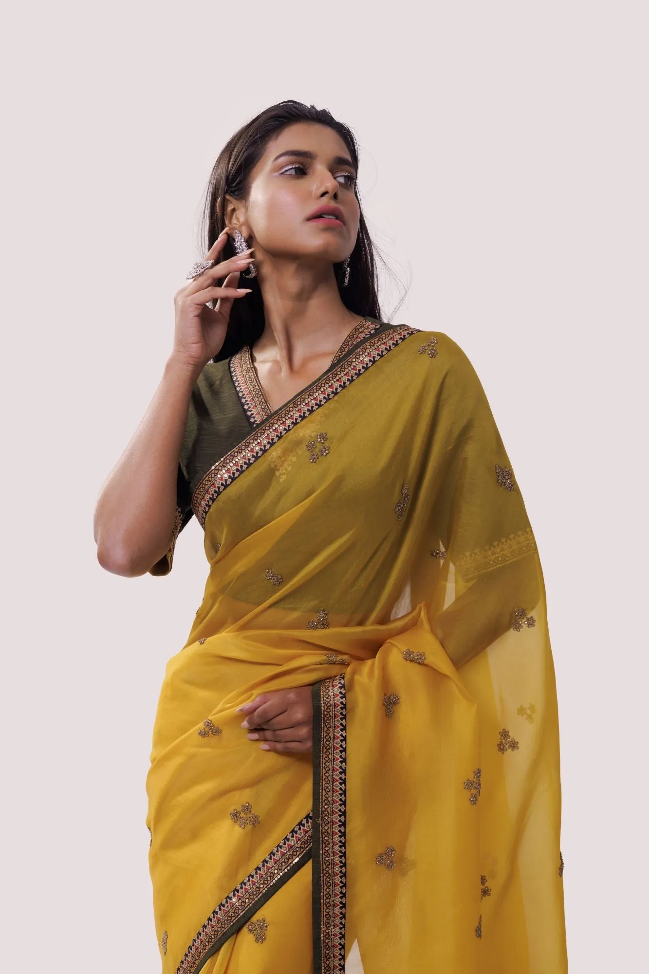 90Z822-RO Yellow Organza Saree With Sleeves Blouse