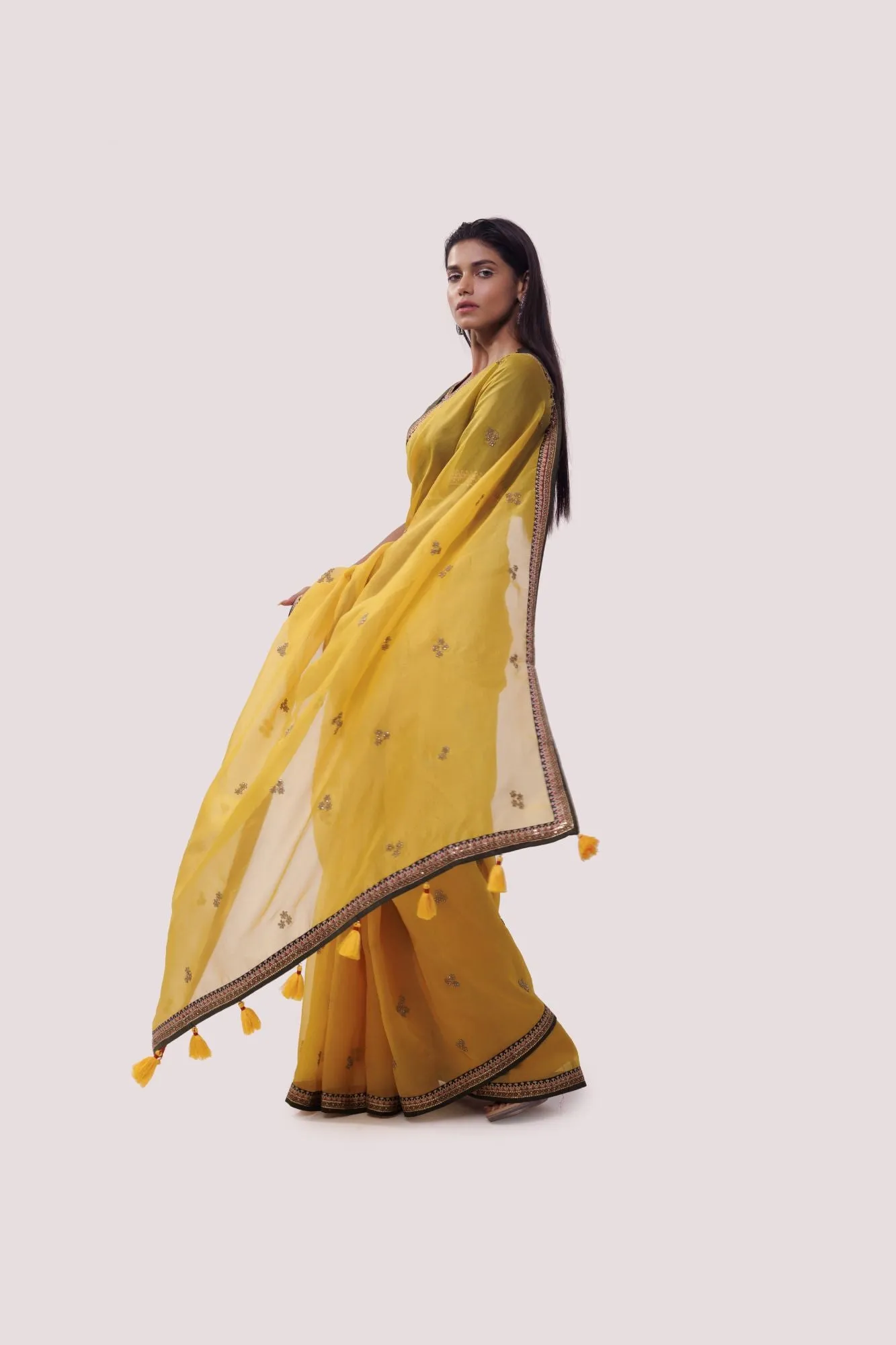 90Z822-RO Yellow Organza Saree With Sleeves Blouse