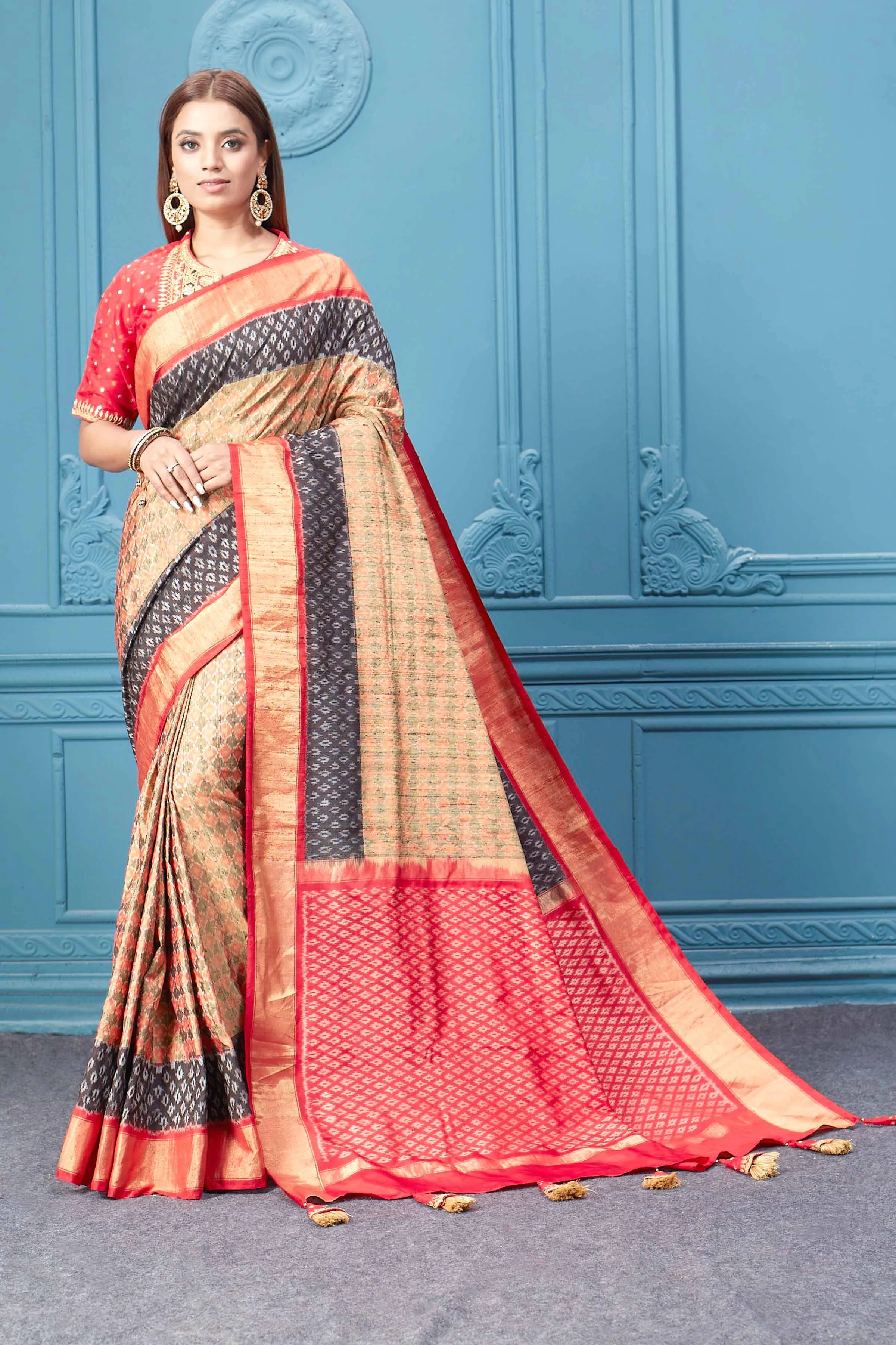 91A034 Beige Patola Silk Saree with Embroidered Saree Blouse