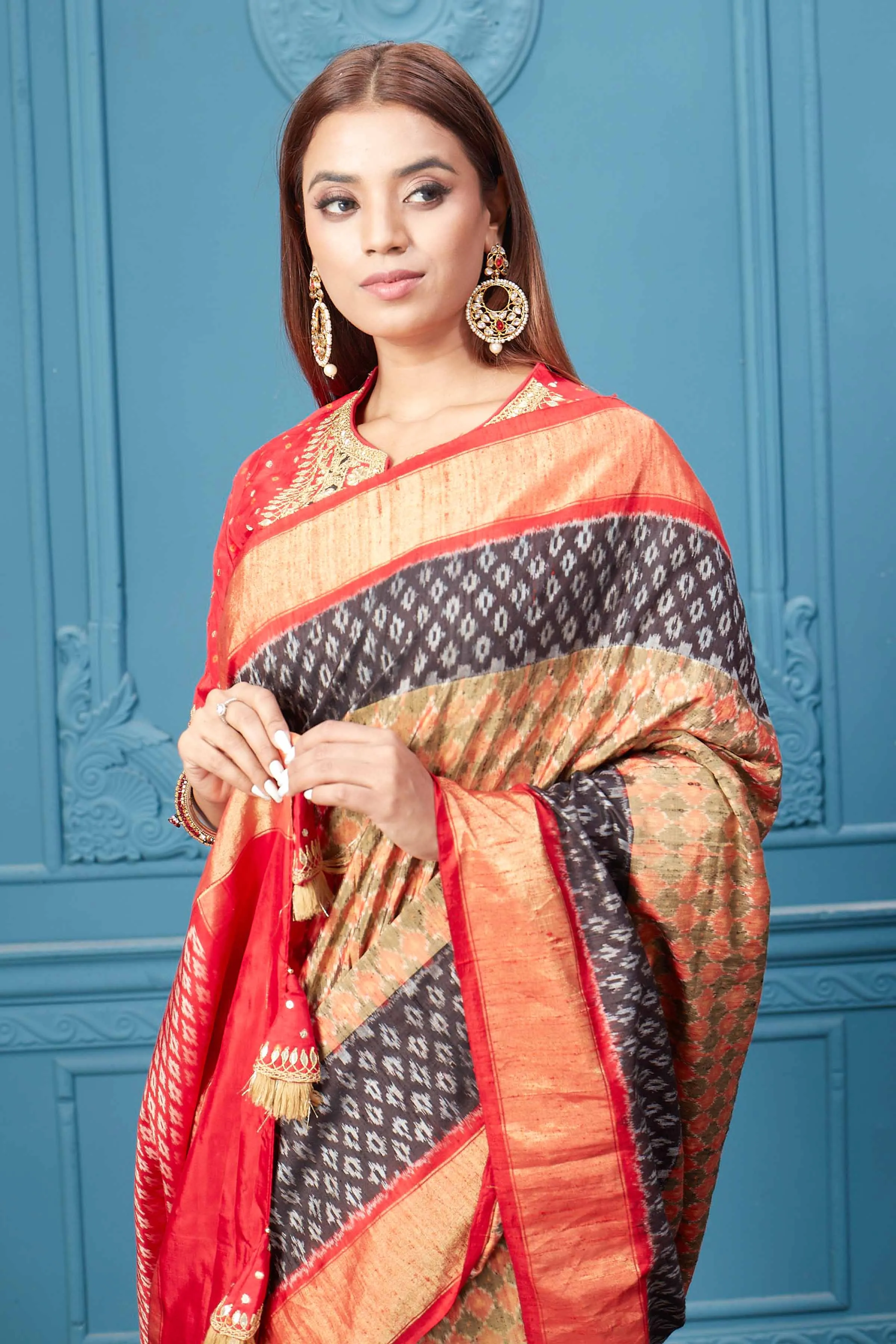 91A034 Beige Patola Silk Saree with Embroidered Saree Blouse