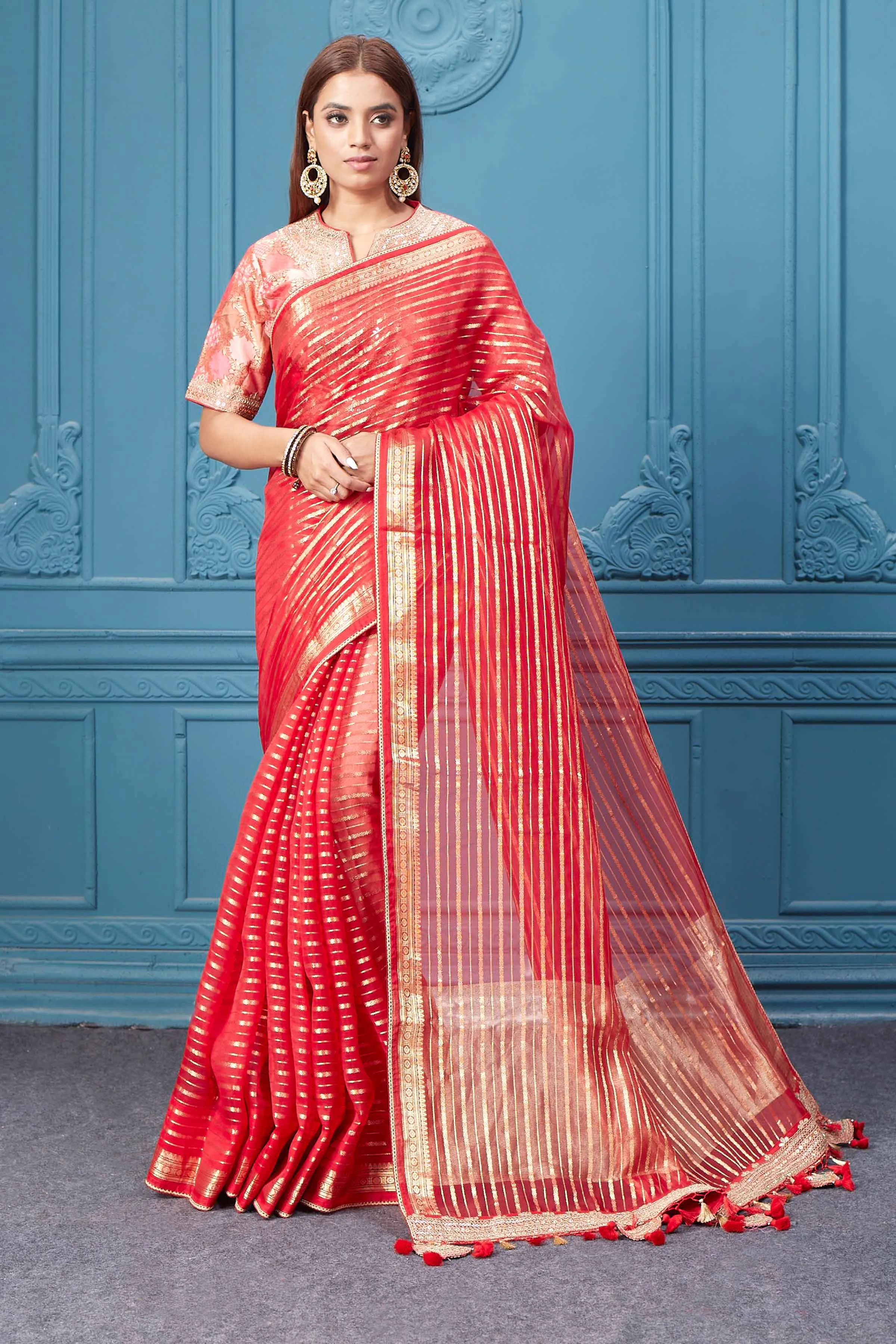 91A047 Red Stripes Tissue Kora Silk Saree with Red Saree Blouse