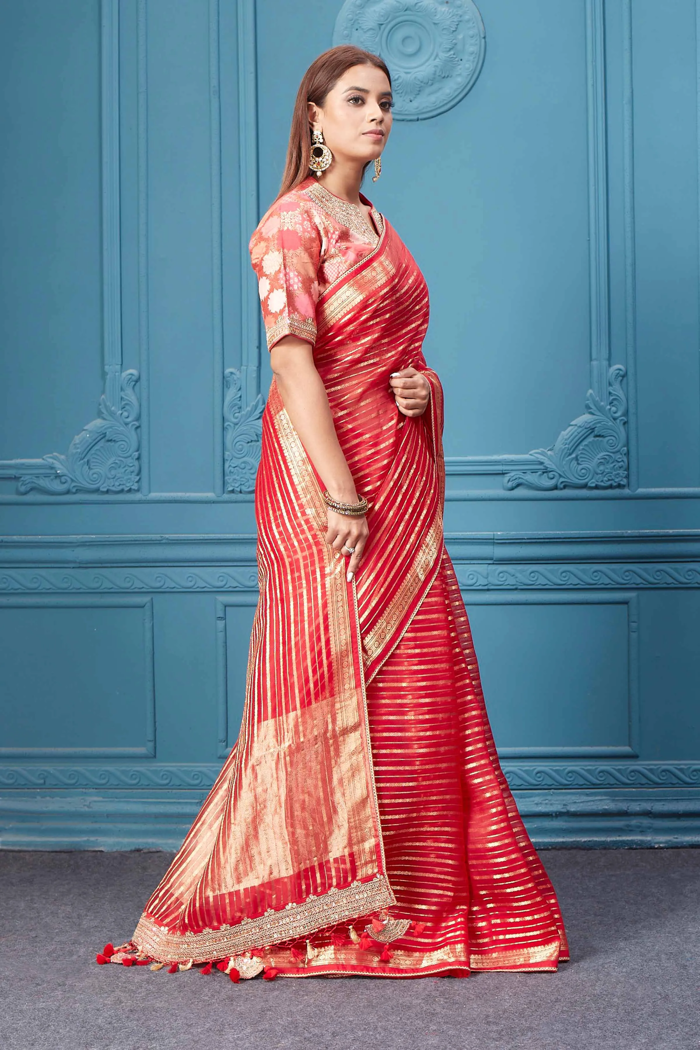 91A047 Red Stripes Tissue Kora Silk Saree with Red Saree Blouse