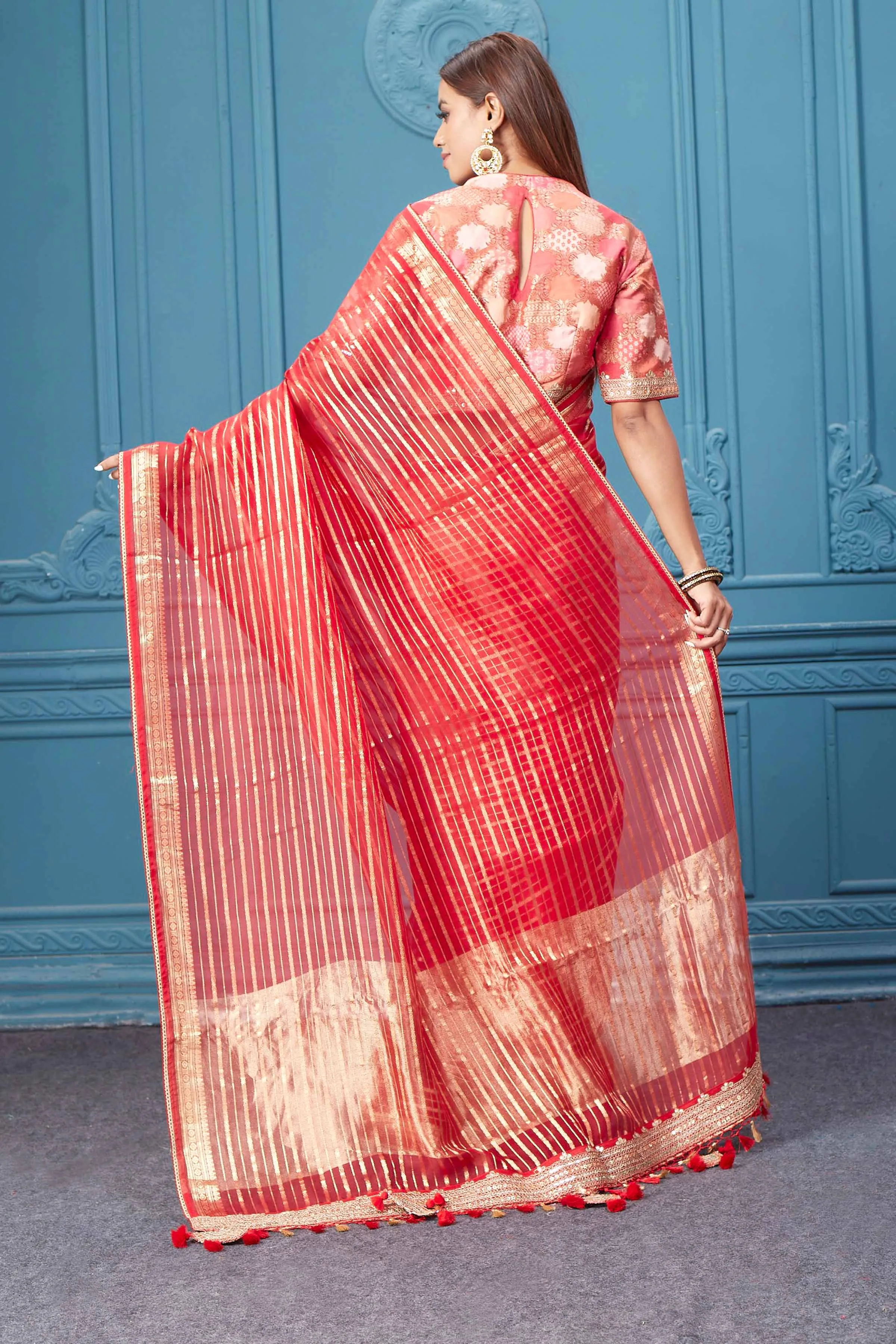 91A047 Red Stripes Tissue Kora Silk Saree with Red Saree Blouse