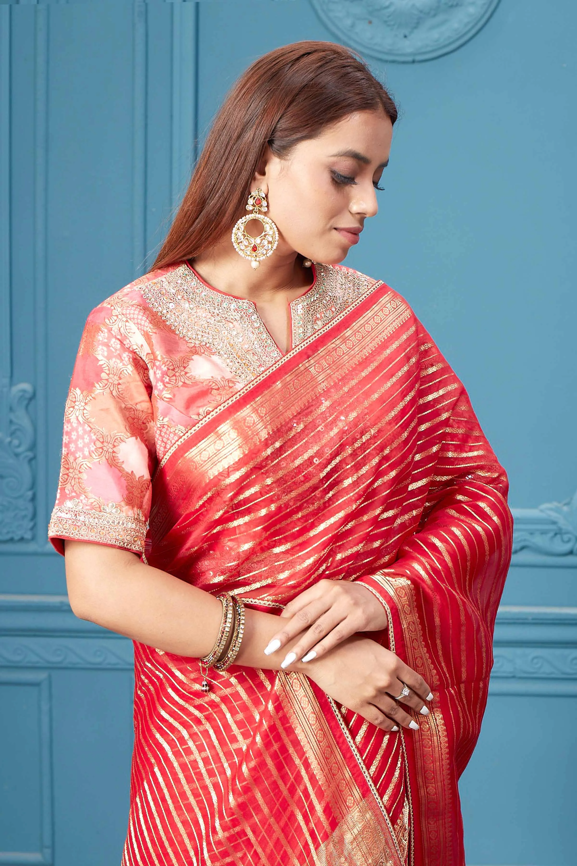 91A047 Red Stripes Tissue Kora Silk Saree with Red Saree Blouse