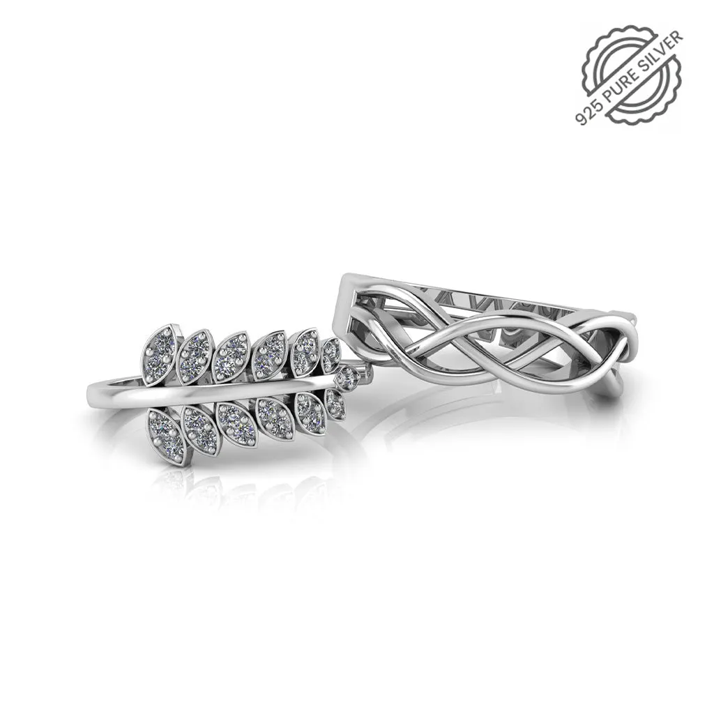 925 Sterling Silver Leaf Shape Zircon Studded and Celtic Knot Couple's Ring