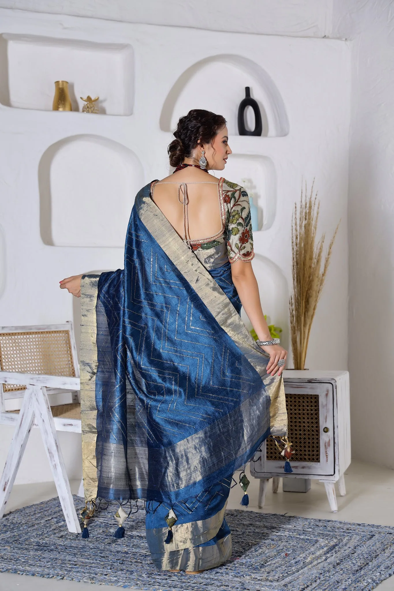 92A042 Blue Tussar Silk Saree with Embroidered Saree Blouse